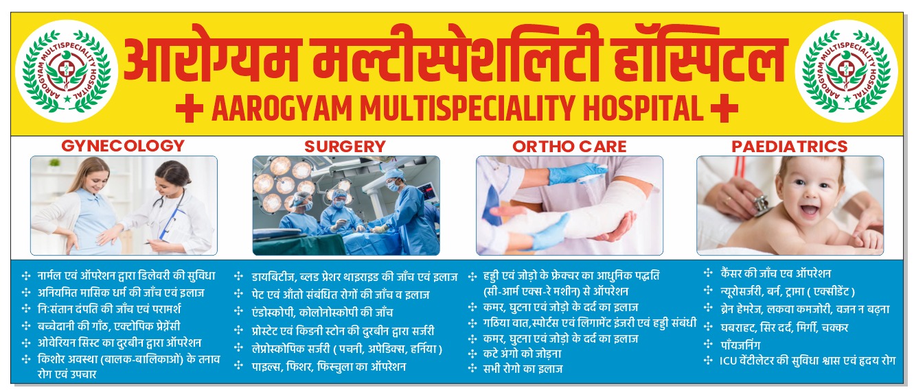 Aarogyam Multispeciality Hospital specialities poster — Gynaecology, Surgery, Ortho Care and Paediatrics services